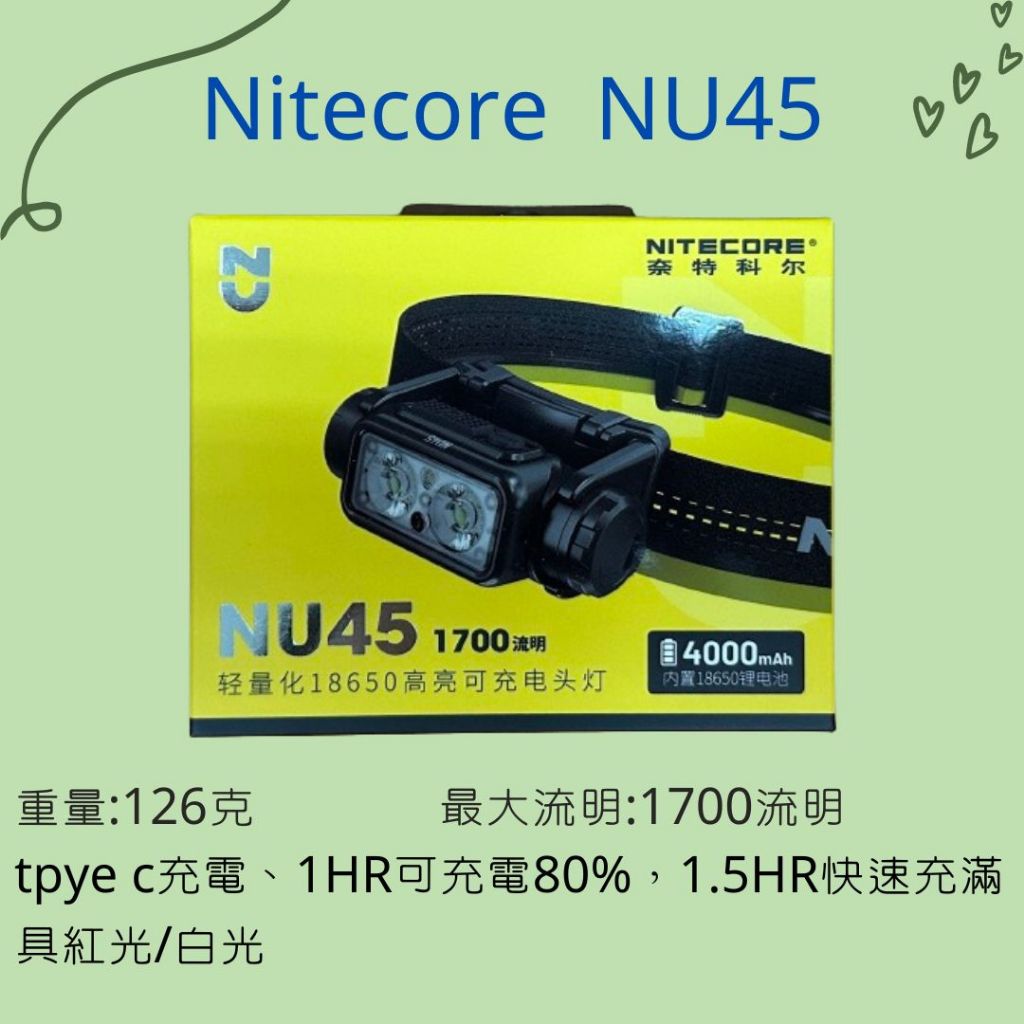 【凹豆咖】Nitecore NU45 1700流明  ty充電頭燈  越野跑 登山 1.5小時快充 NU43升級款