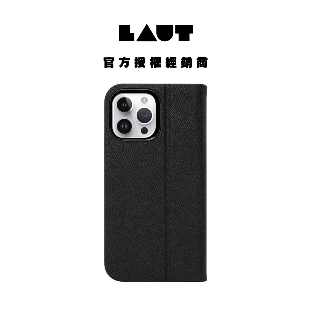 【LAUT 萊德】翻蓋立架保護殼-皮革黑 適用於iPhone 15/Plus/Pro/Pro Max