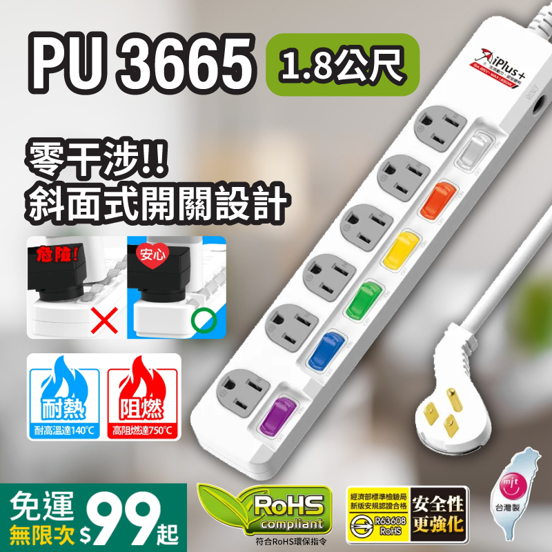 台灣製造 iPlus+ 三芯六切六座延長線 特優惠配轉接頭 平面插頭 PU-3665 五千萬產品責任險 一年保固