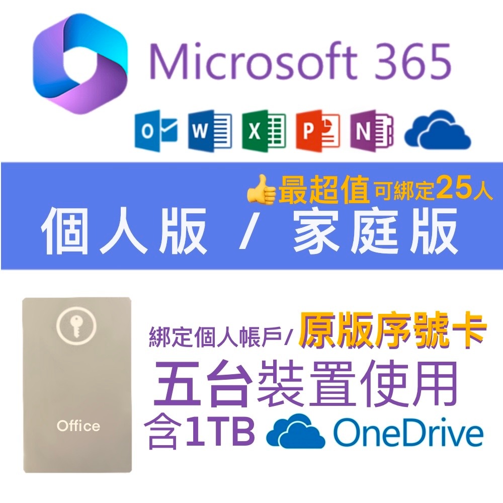 Microsoft 微軟 Office365 個人版 家庭版 序號卡+1T Onedrive 一年 兩年 三年