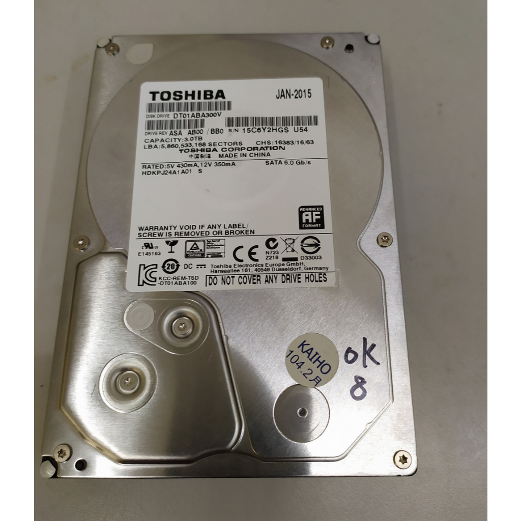 二手Toshiba 3TB 3.5吋 硬碟 監控碟--DT01ABA300V