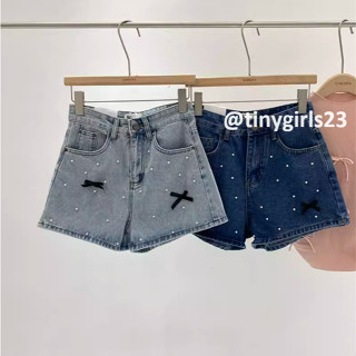 【太妮絲KD11】現貨 S-XL 韓系 珍珠蝴蝶結 牛仔短褲 丹寧 立體 蝴蝶結 緞帶 造型 顯