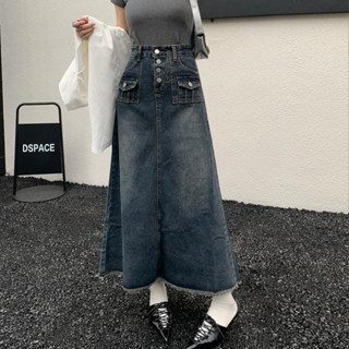 牛仔裙 半身裙 中長款 S-5XL 新款高腰大尺寸胖mm遮肉顯瘦毛邊中長傘裙NA28-A--65370.衣時尚