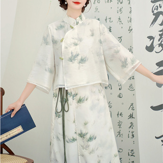 愛依依 套裝 中式上衣 半身裙 M-2XL新中式國風套裝仙氣優雅女裝寬鬆改良旗袍兩件套H455-8853.