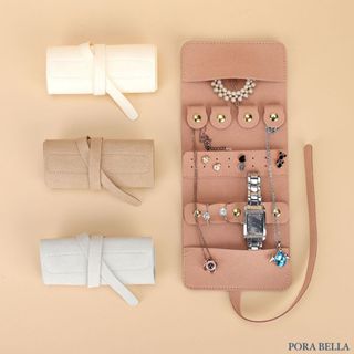 <Porabella>首飾卷收納袋首飾本 方便攜帶手拿包可折疊多功能皮革綁帶首飾本 飾品戒指項鍊耳環耳夾收納隨身攜帶