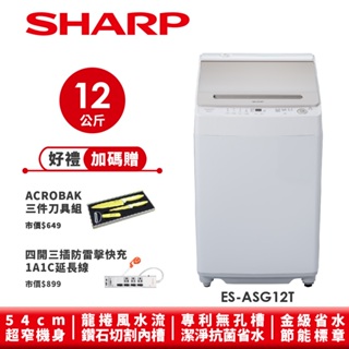 【SHARP夏普】無孔槽抗菌變頻洗衣機 ES-ASG12T 12公斤