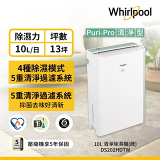 Whirlpool惠而浦 DS202HDTW 第六感智能清淨除濕機10L