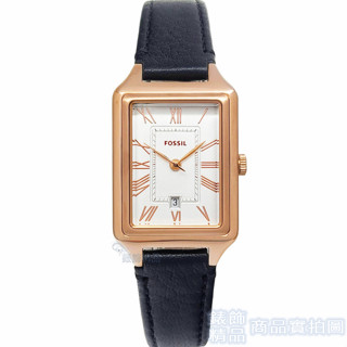 FOSSIL ES5310手錶 方型 玫瑰金框 銀白麵 羅馬時標 日期 黑色 皮帶 女錶【錶飾精品】