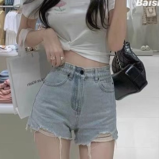 ✨ 四葉幸運草~ *4013在地 淺藍色夏季牛仔短褲💗破洞 毛邊 潮流 歐美風 顯瘦顯腿 長辣妹高腰 百搭牛仔褲💗