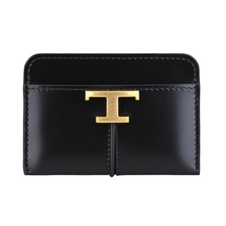 TOD'S T Timeless壓印LOGO復古金屬T字裝飾小牛皮2卡卡片夾(黑)