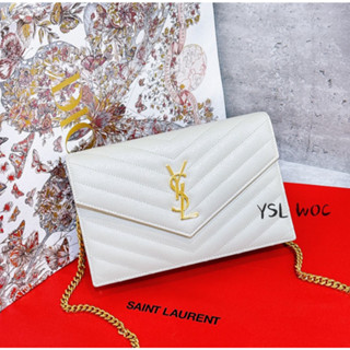 二手旗艦 YSL WOC 白色 金色LOGO 魚子醬 山形紋 銀鏈 小鍊包 兩用包 (中友店)