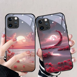 iphone 16 15 16Pro 14 13 12 11 XS XR Max i8花海玫瑰海上明月卡通玻璃殼