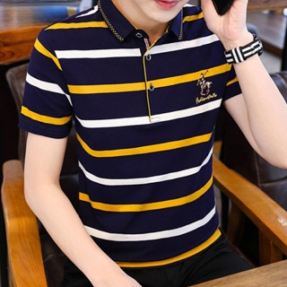 翻領短袖polo衫男|大碼95公斤男裝上衣|夏季薄款打底衫|高階條紋刺繡polo衫|修身帶領短袖衫|純色男士polo衫