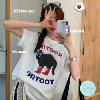 Waroom|高雄現貨秒出 🇰🇷韓國寬鬆黑貓圖案短袖上衣|女裝|卡通印花tee|短袖T恤|圓領上衣|貓咪上衣 6863