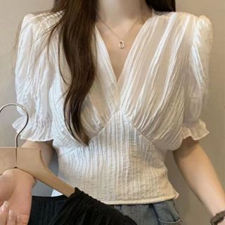 FUXI V領短袖上衣女 短版上衣 法式泡泡袖襯衫 收腰顯瘦上衣 素色雪紡衫 女裝 衣服