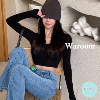 Waroom|高雄快速出貨 A526 初秋韓系帶胸墊短版長袖上衣|女裝|免穿內衣|打底衫|長袖T恤|露臍|辣妹|短款上衣