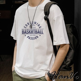 【HanVo】男款BASKRTBALL潮流純棉上衣 吸濕排汗 舒適透氣短袖上衣 夏季休閒T恤 男生衣著 B01-1037