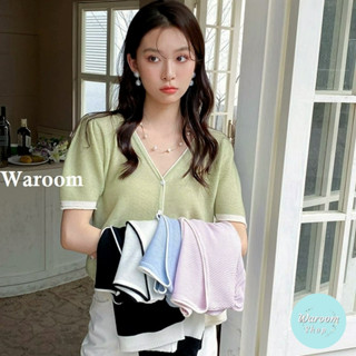 Waroom|售完不補 春夏韓系V領小香風柔軟薄款短款針織短袖上衣|女裝 透透|泡泡袖|針織開衫|針織上衣|修身 501