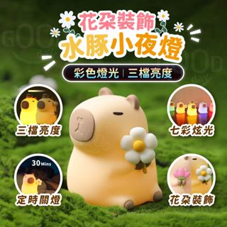 【Gooday✨臺灣現貨】花朵水豚小夜燈 卡皮巴拉夜燈 拍拍燈 睡眠燈 生日禮物 寶寶夜燈 水豚君 卡皮巴拉 床頭燈 夜