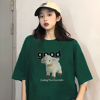 【真的臺灣現貨】100%純棉 動物綿羊玩偶good英文印花加強拷克圓領短袖T恤男女上衣服素色大尺碼情侶裝OVERSIZE