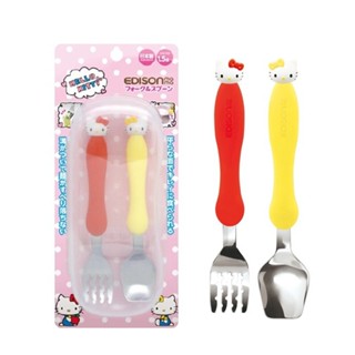 【日本 EDISON】 不鏽鋼幼兒學習湯叉組 hello kitty(附收納盒)