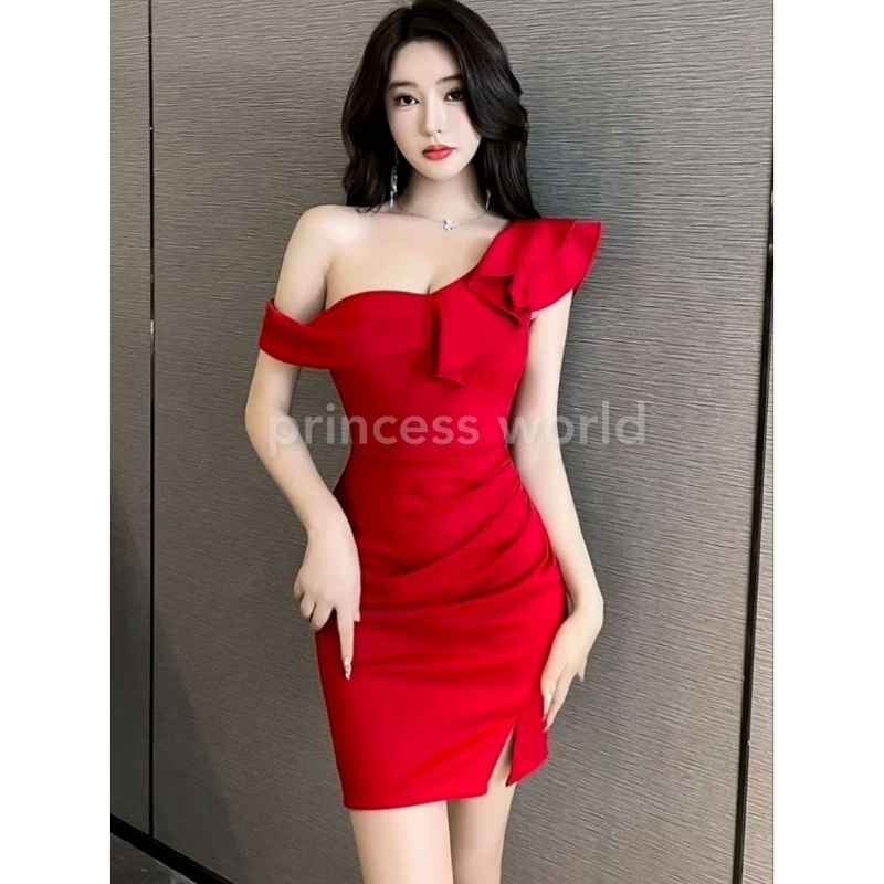 公主世界 💕新維納斯女神💕時尚浪漫性感斜肩荷葉邊修身顯瘦開叉包臀短款連身裙長款魚尾禮服