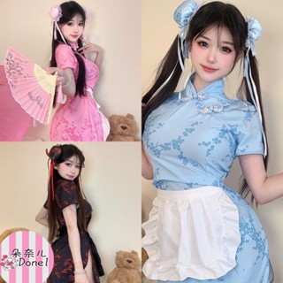 現100kg可穿 性感旗袍 性感睡衣 大尺碼性感印花旗袍 大碼性感旗袍 大尺碼女僕裝 可愛小廚娘 cos春麗 大尺碼旗袍