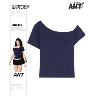 【ANT】美式辣妹深藍色斜肩短袖t恤 短版上衣 短袖 短版 T恤 短袖上衣 辣妹上衣 美式上衣 純慾 性感上衣 修身上衣