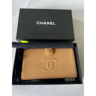 二手 Chanel vintage米色 駝色 裸色 荔枝皮大logo長夾 內裡小羊皮