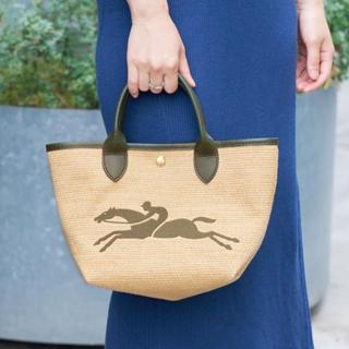 【限時大折扣預購】24春夏正品Longchamp Le Panier Pliage Small小款奔馬刺繡草編包卡其綠色