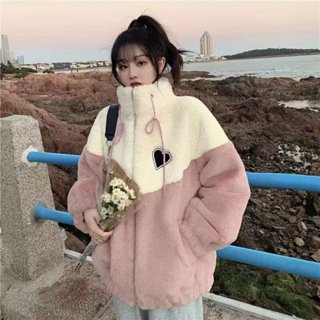 外套 保暖外套 S-2XL秋冬外套高品質粉紅愛心小羊毛外套女秋冬季寬鬆衛衣加厚衛衣復古棒球服潮4F120.S660