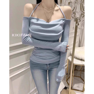 KIKIFAME🤍四色 韓妞甜美小性感掛脖露肩長袖上衣 掛脖上衣 性感上衣 t恤 一字領上衣 合身上衣 露肩上衣