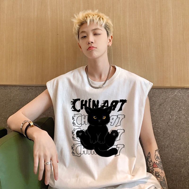 運動背心 無袖貓咪背心男生 健身背心 寬鬆背心 美式複古運動坎肩 休閒背心 男生背心