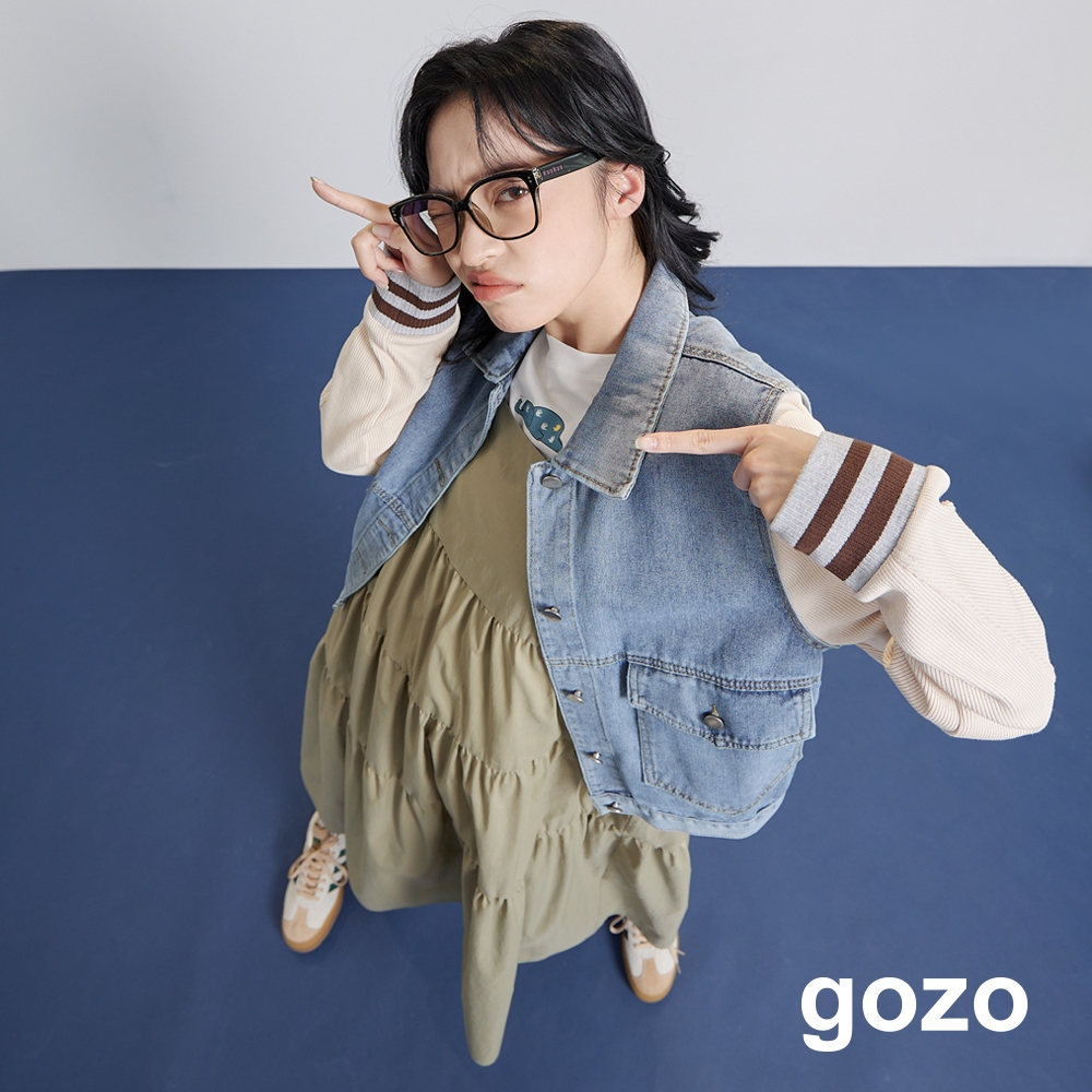 【gozo】異材質拼接牛仔棒球外套(藍色/深藍_M/L) | 女裝 修身 休閒