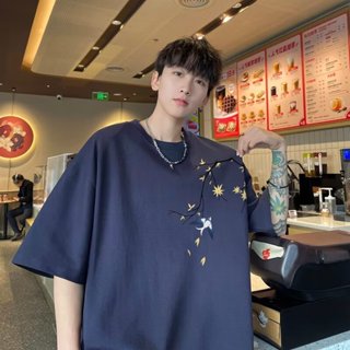 (M-8XL)短袖上衣男 落葉時尚印花oversize t恤 美式上衣短袖t恤男生衣服 寬鬆短t男女可穿 大尺碼上衣