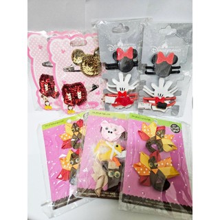 HK-Disney-米奇金亮片髮夾/豹紋三色蝴蝶髮圈3入/黑米妮穿紅裙髮圈3入