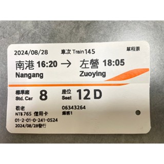 【高鐵票根】2024年 高鐵車票 臺灣高鐵 高鐵票 收藏 紀念 紀念票根 票根 2024 南港 臺北 左營