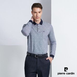 【pierre cardin 皮爾卡登】男款 棉質混紡花朵印花薄長袖POLO衫-深藍色 (5225260-38)