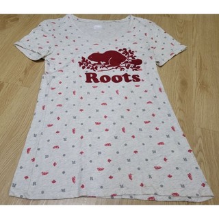 roots 女大人 大logo 海狸 楓葉 滿版 短袖 短T T恤 S