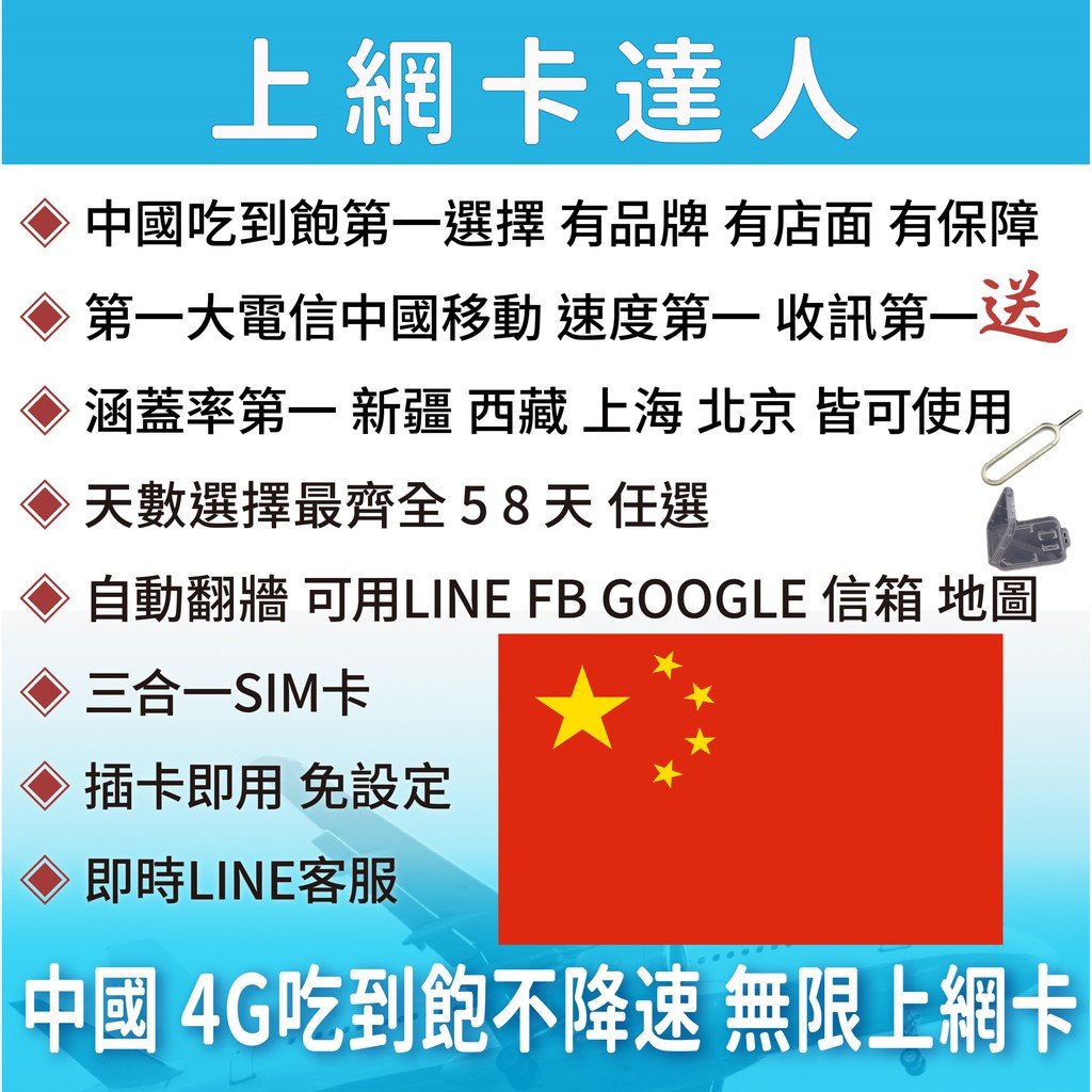 【中國無限卡】 3-15天 4G吃到飽 不降速 免設定 中港澳 中國 中國聯通 中國移動  上網卡 網卡