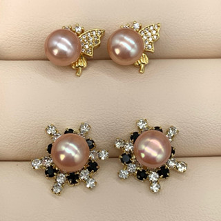 🎀小小飾品🎀天然海水珍珠耳環馬卡龍夢幻粉橘珍珠S925銀耳釘一對 珠光細膩極亮光