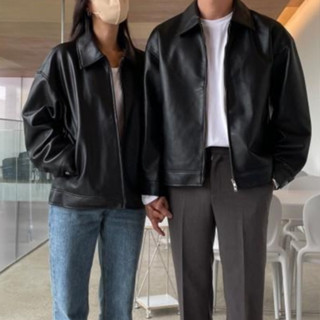 ⚡opbrand shop⚡素面黑魂 皮外套 皮衣 穿搭 皮衣外套 Y2K 落肩 寬鬆 皮革 外套 騎士 情侶 夜店