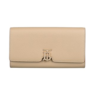 BURBERRY金屬框字母LOGO荔枝紋小牛皮12卡壓釦式長夾(燕麥米)