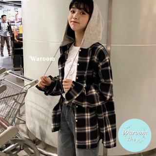 Waroom|高雄現貨 初秋🌿超好看撞色格子微磨毛連帽襯衫|女裝|格子襯衫|男友風|磨毛襯衫|實拍|連帽外套 6637