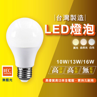 免運｜台灣製造｜國家認證｜保固2年｜LED燈泡 10W 13W 16W 高光效 護眼無藍光 保護眼睛 E27燈泡