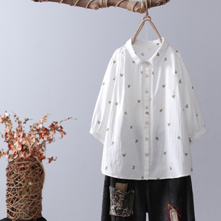 《Helloyabi》🍀完美選擇！日系復古有領樹葉圖案雙層棉紗七分袖襯衫 日系襯衫、雙層棉紗、柔軟舒適 日系上衣女