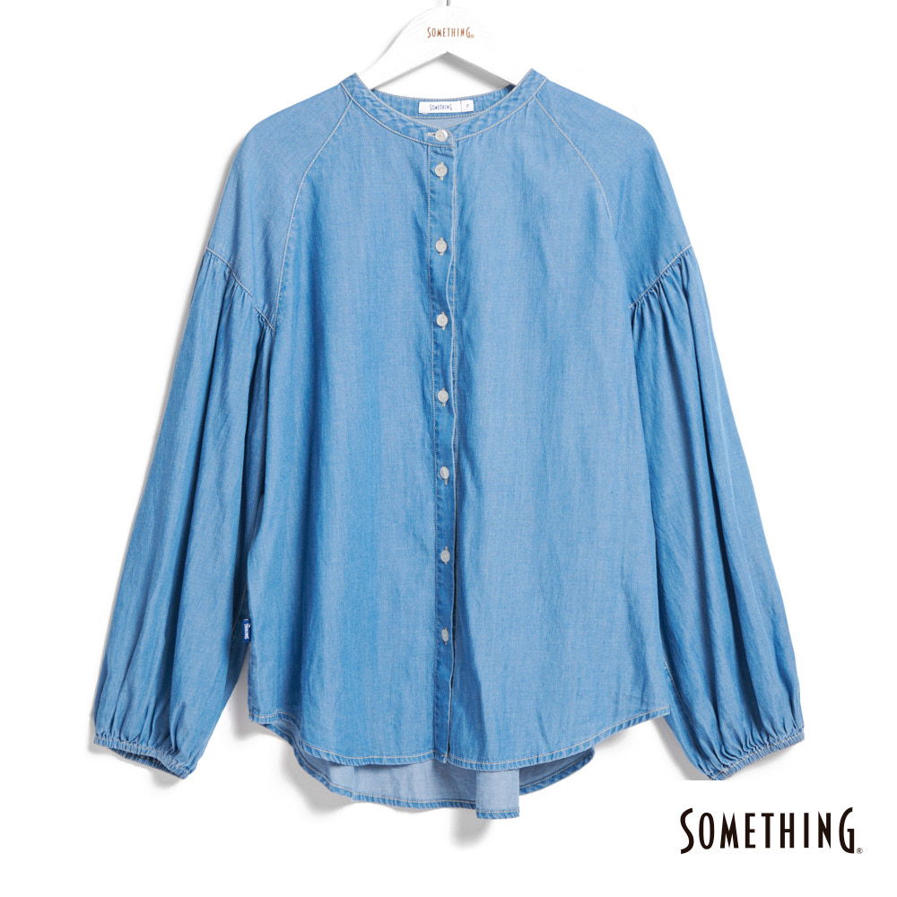 SOMETHING 泡泡袖開襟長袖襯衫(拔洗藍)-女款
