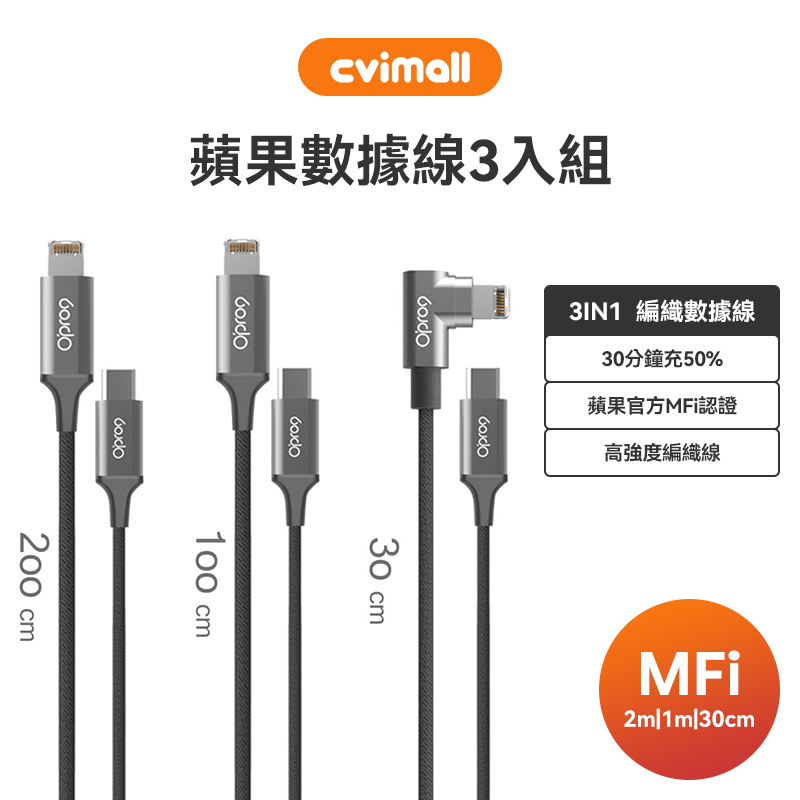 Opro9 TypeC to Lightning數據線3入組 2米 1米 30cm MFi認證 iPhone 短線 現貨