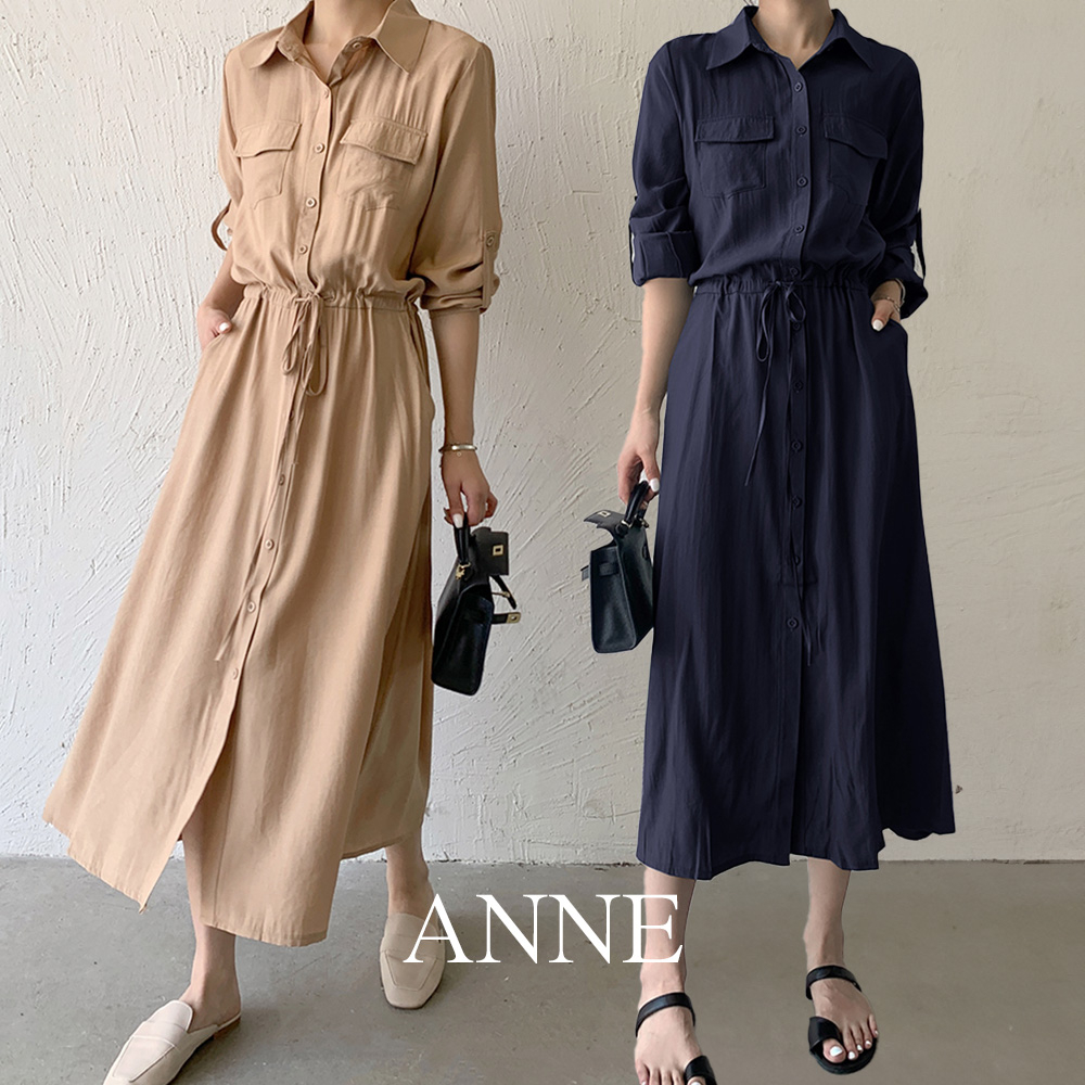 ANNE｜長袖收腰洋裝 大尺碼洋裝 S-2XL【AD10152】大尺碼女裝 襯衫洋裝 長裙 孕婦洋裝 收腰洋裝 孕婦裝