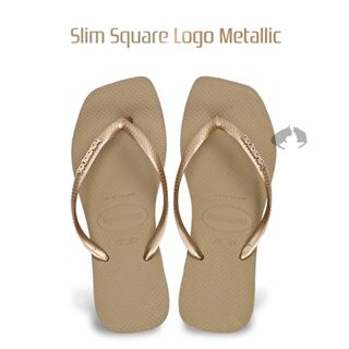 havaianas 2024新款 Slim Square Logo Metallic 玫瑰金 女款夾腳拖鞋-阿法伊恩納斯